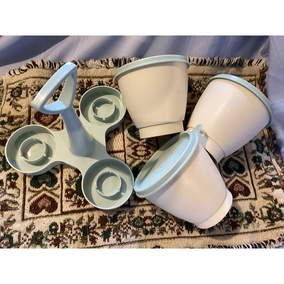 Vintage Tupperware Light Blue Condiment Caddy with 3 Cups & Lids #757-4 USA Made - Picture 2 of 11